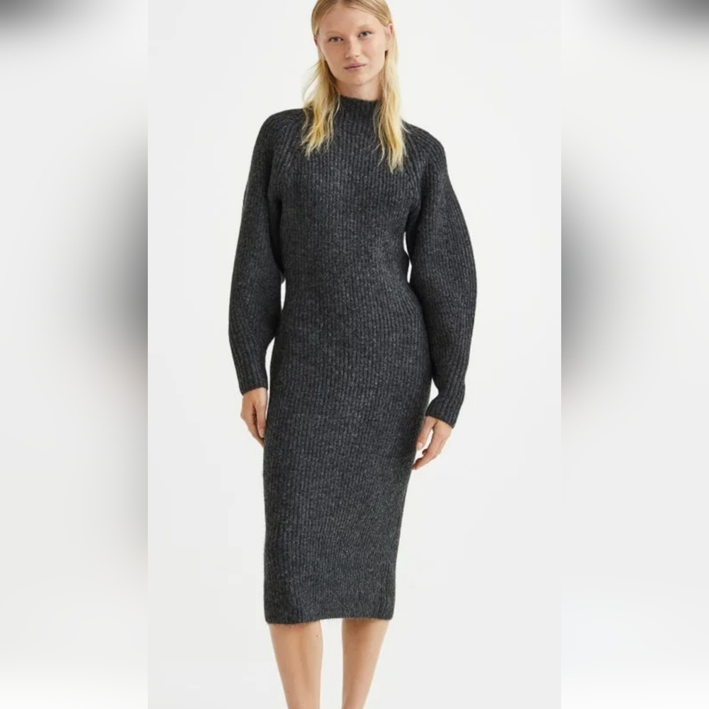 H&M Dark Gray Melange Calf Length Bell Sleeve Ribbed Sweater Dress M NWT